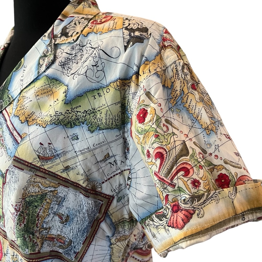 Vintage map print button up shirt short sleeve SP - Picture 6 of 13